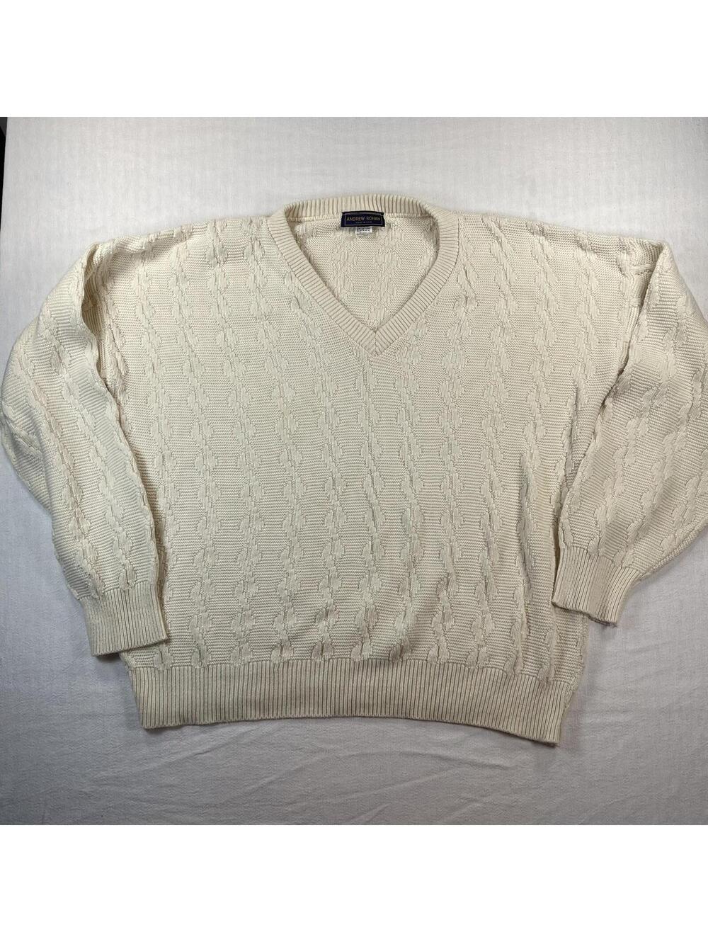 Cable Knit Fisherman Sweater V Neck Mens XL 100% Cotton Ivory USA Oversize Prep